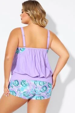 Plus Size Floral Print Light Purple Tankini Top -Maraluxe Swimwear Shop b detan175001 2