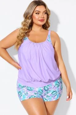 Plus Size Floral Print Light Purple Tankini Top -Maraluxe Swimwear Shop b detan175001 3