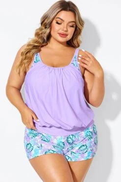 Plus Size Floral Print Light Purple Tankini Top -Maraluxe Swimwear Shop b detan175001 4
