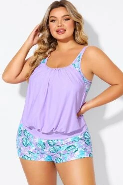 Plus Size Floral Print Light Purple Tankini Top -Maraluxe Swimwear Shop b detan175001 5