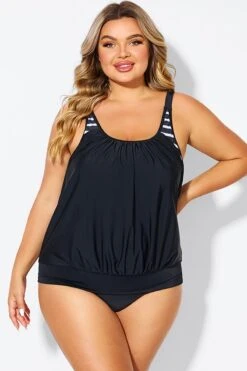 Black & White Striped Drawstring Side Tankini Top -Maraluxe Swimwear Shop b detan175002 3