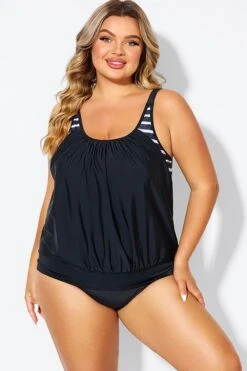 Black & White Striped Drawstring Side Tankini Top -Maraluxe Swimwear Shop b detan175002 4