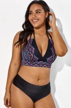 Black And Purple Printed Halter Sexy Bikini Set -Maraluxe Swimwear Shop b sfbk1911038 3 3