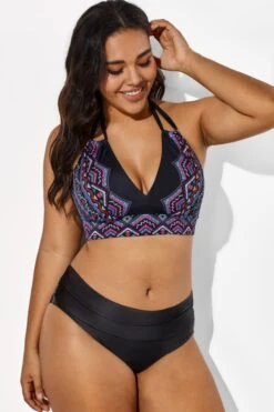 Black And Purple Printed Halter Sexy Bikini Set -Maraluxe Swimwear Shop b sfbk1911038 5 3