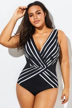 Black V-Neck Streak Modern One Piece Swimsuit -Maraluxe Swimwear Shop b sfop1911012 6