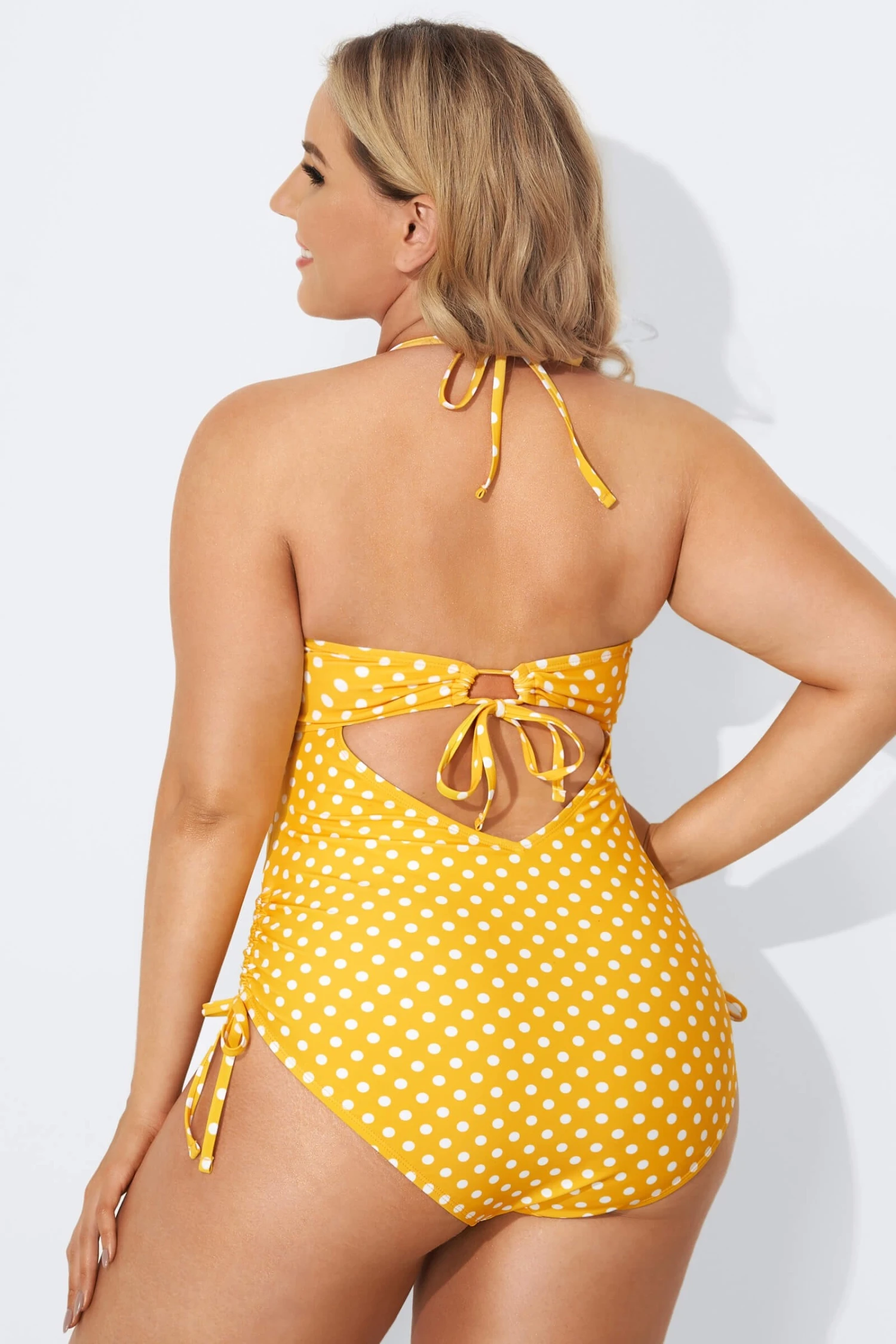 Yellow Self-Tie Halter Dot One Piece Swimsuit 4 Yellow Self-Tie Halter Dot One Piece Swimsuit - Image 2