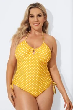 Yellow Self-Tie Halter Dot One Piece Swimsuit 8 Yellow Self-Tie Halter Dot One Piece Swimsuit -Maraluxe Swimwear Shop b sfop2003088 3