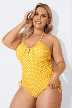 Yellow Self-Tie Halter Dot One Piece Swimsuit 9 Yellow Self-Tie Halter Dot One Piece Swimsuit -Maraluxe Swimwear Shop b sfop2003088 4