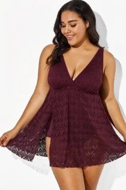Wine Crochet Side Slit V-Neck Graceful Swimdress -Maraluxe Swimwear Shop b sfsd1911005 1 1