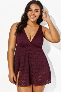 Wine Crochet Side Slit V-Neck Graceful Swimdress -Maraluxe Swimwear Shop b sfsd1911005 3 1