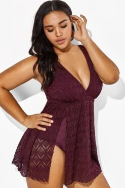 Wine Crochet Side Slit V-Neck Graceful Swimdress -Maraluxe Swimwear Shop b sfsd1911005 4 1