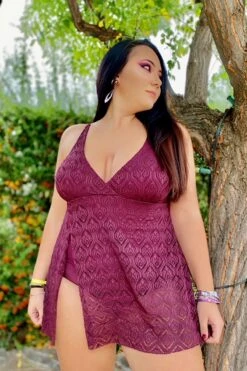 Wine Crochet Side Slit V-Neck Graceful Swimdress -Maraluxe Swimwear Shop b sfsd1911005 7 1