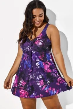 Multicolored Lotus Tie Front V-Neck Swimdress -Maraluxe Swimwear Shop b sfsd1911006 1