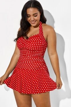 Red Halter Twist-front Polka Dot Swimdress