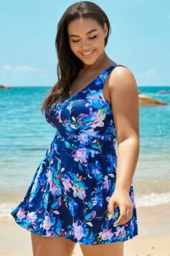 Blue V-neck Elegant Flower Swimdress For Lady -Maraluxe Swimwear Shop b sfsd1911047 1