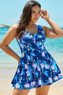 Blue V-neck Elegant Flower Swimdress For Lady -Maraluxe Swimwear Shop b sfsd1911047 4
