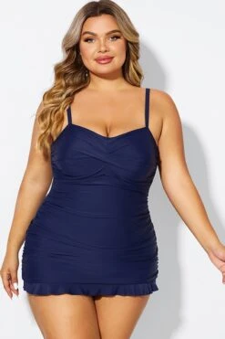 Dark Blue Twist Front Sweetheart Neckline Ruffle Swimdress