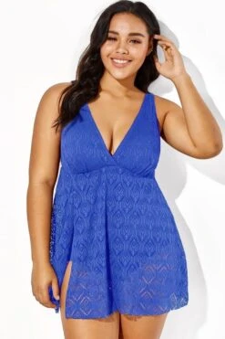 Blue Crochet Side Slit V-Neck Graceful Swimdress -Maraluxe Swimwear Shop b sfsd1911064