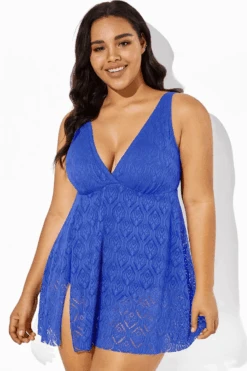 Blue Crochet Side Slit V-Neck Graceful Swimdress -Maraluxe Swimwear Shop b sfsd1911064 3