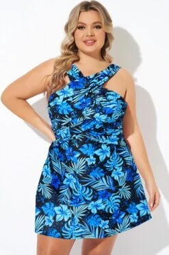 Blue Floral Printed High Neck Wrap Swimdress 8 Blue Floral Printed High Neck Wrap Swimdress -Maraluxe Swimwear Shop b sfsd2003011 11