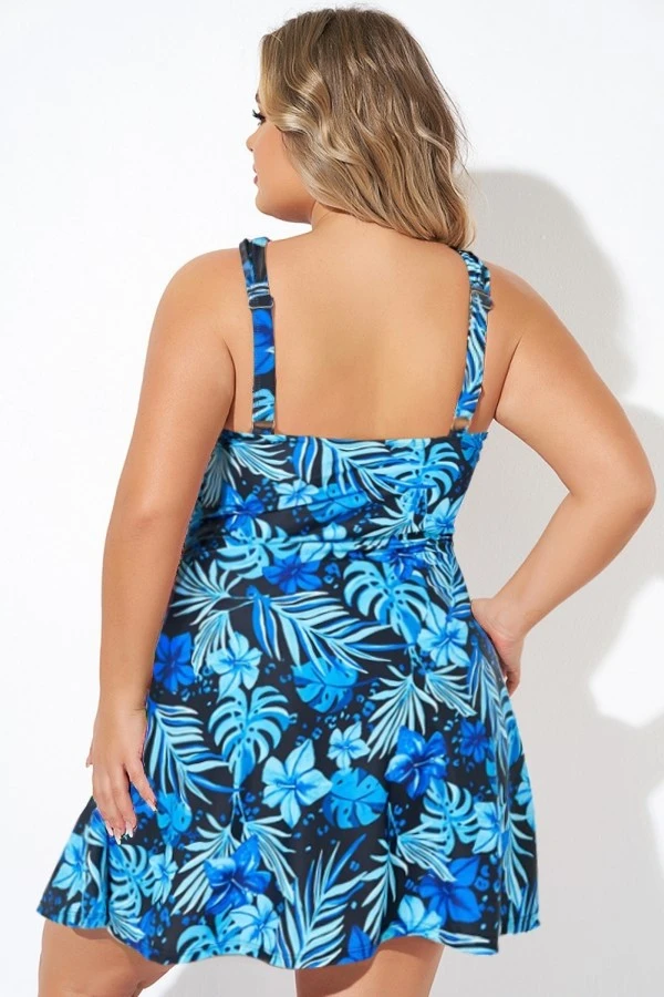 Blue Floral Printed High Neck Wrap Swimdress 4 Blue Floral Printed High Neck Wrap Swimdress - Image 2