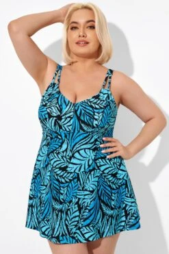 Blue Leaves Printed V-neck Women Swimdress -Maraluxe Swimwear Shop b sfsd2003046 4
