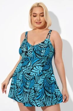 Blue Leaves Printed V-neck Women Swimdress -Maraluxe Swimwear Shop b sfsd2003046 6