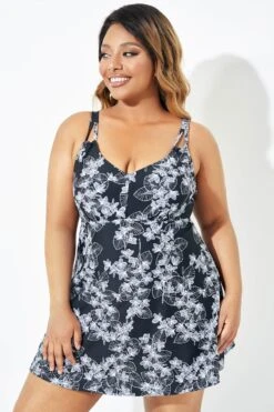 Black Floral Printed Double Strap Women Swimdress 11 Black Floral Printed Double Strap Women Swimdress -Maraluxe Swimwear Shop b sfsd2003068 4