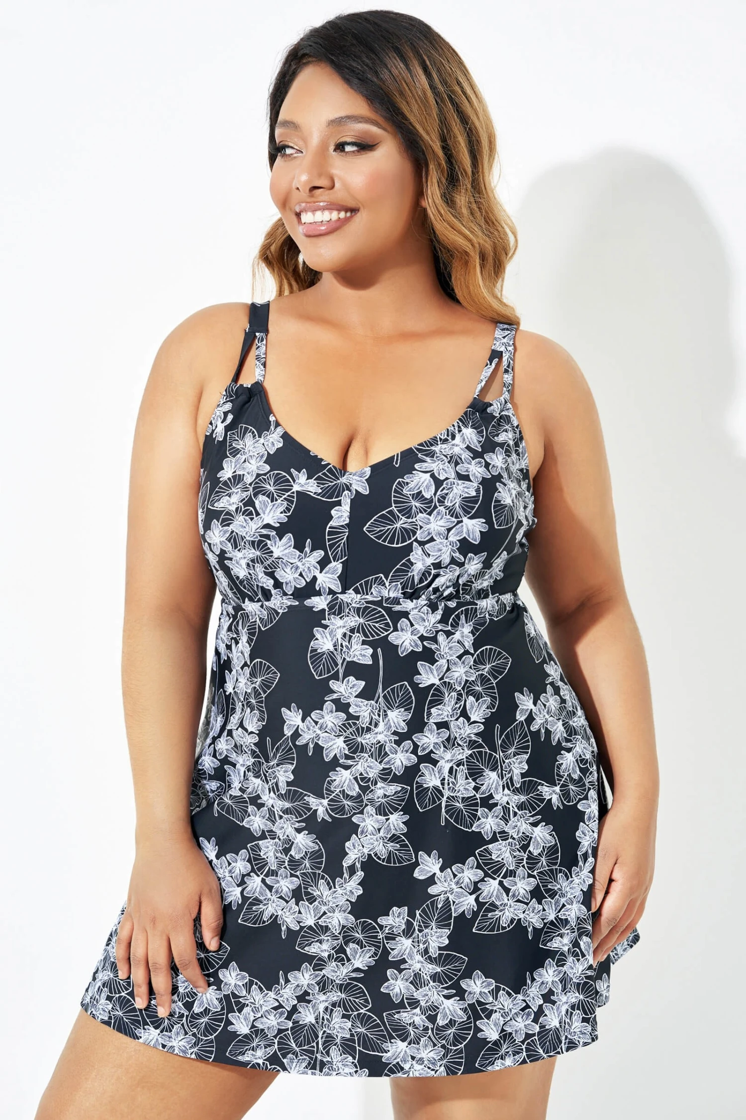 Black Floral Printed Double Strap Women Swimdress 6 Black Floral Printed Double Strap Women Swimdress - Image 4