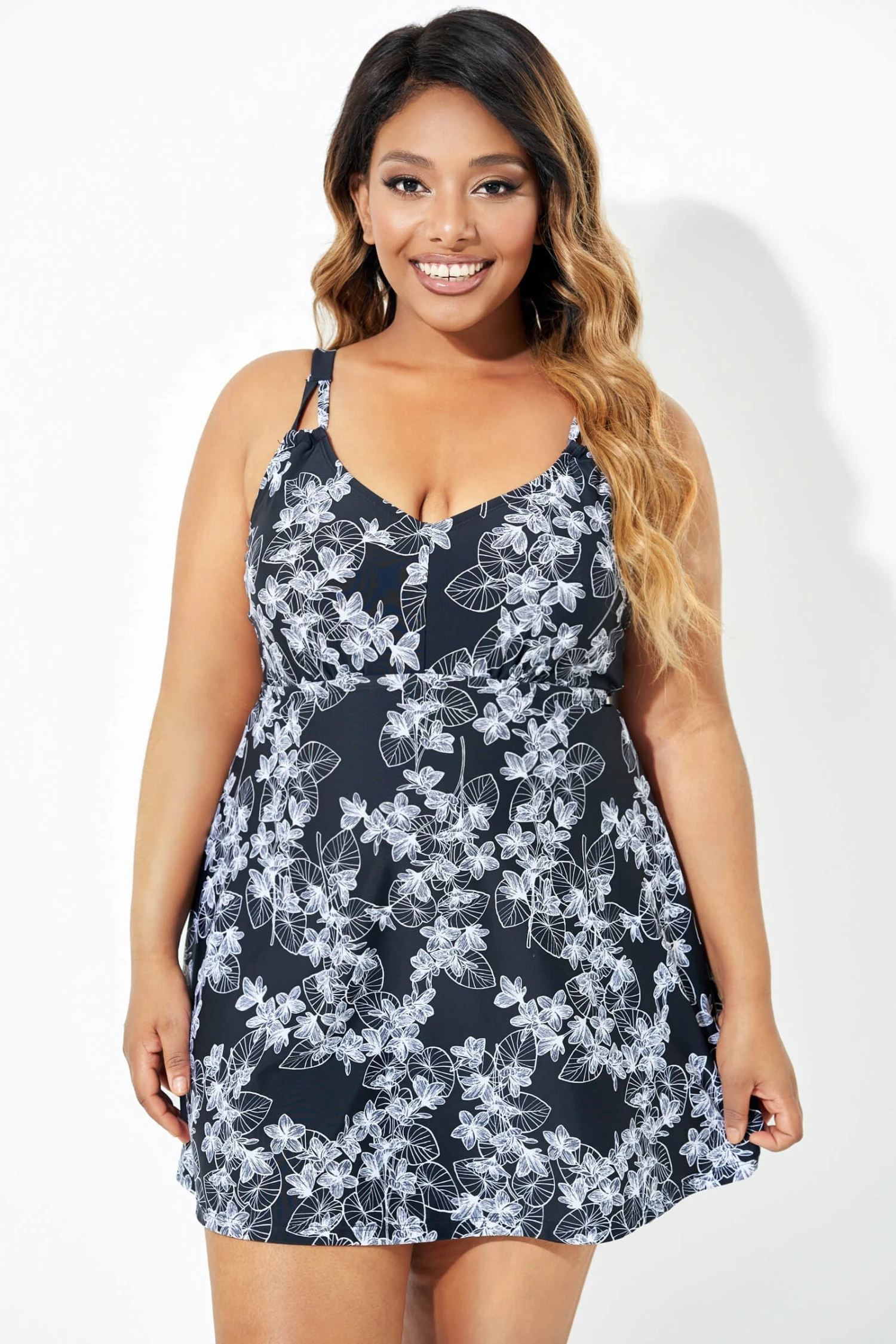 Black Floral Printed Double Strap Women Swimdress 8 Black Floral Printed Double Strap Women Swimdress - Image 6