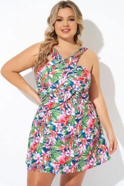 Tropic Pattern High Neck Wrap Front Swimdress