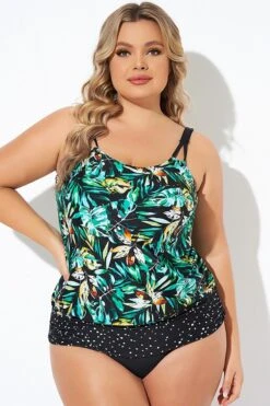 Green Leaf Adjustable Straps Blouson Tankini Top 10 Green Leaf Adjustable Straps Blouson Tankini Top -Maraluxe Swimwear Shop b sftan010006 3