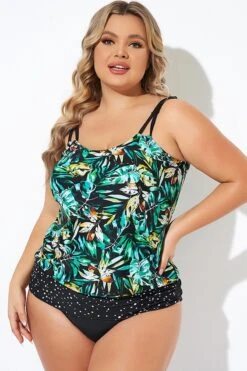 Green Leaf Adjustable Straps Blouson Tankini Top 11 Green Leaf Adjustable Straps Blouson Tankini Top -Maraluxe Swimwear Shop b sftan010006 4