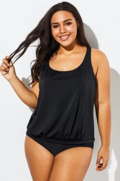 Black Racerback Tummy Control Blouson Tankini Set -Maraluxe Swimwear Shop b sftan1911062 4
