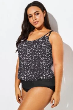Black White Dot Loop Strap Blouson Tankini Top -Maraluxe Swimwear Shop b sftan1911127 33 1