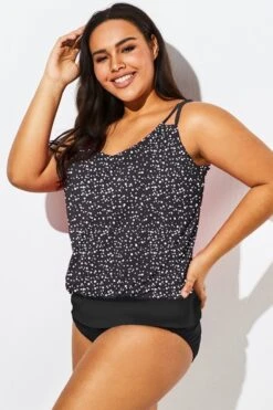 Black White Dot Loop Strap Blouson Tankini Top -Maraluxe Swimwear Shop b sftan1911127 44 1