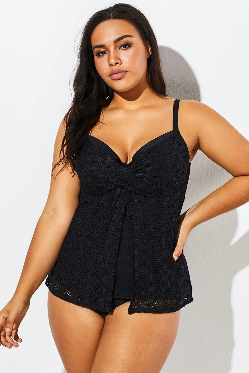 Black Faux Flyaway Flowy Twist Front Tankini Set 6 Black Faux Flyaway Flowy Twist Front Tankini Set - Image 4