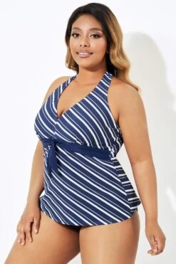 Blue & White Stripe Self-tie Halter Straps Tankini Top -Maraluxe Swimwear Shop b sftan1911180 3