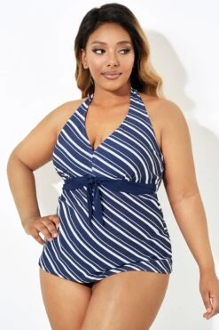 Blue & White Stripe Self-tie Halter Straps Tankini Top -Maraluxe Swimwear Shop b sftan1911180 4