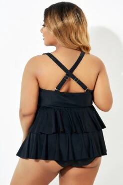 Black Gold Trim V-Neck Ruffle Tankini Top -Maraluxe Swimwear Shop b sftan2003165 2