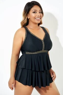 Black Gold Trim V-Neck Ruffle Tankini Top -Maraluxe Swimwear Shop b sftan2003165 3