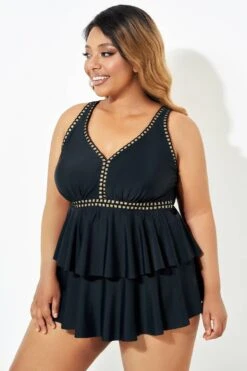 Black Gold Trim V-Neck Ruffle Tankini Top -Maraluxe Swimwear Shop b sftan2003165 4