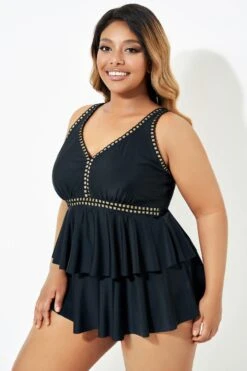 Black Gold Trim V-Neck Ruffle Tankini Top -Maraluxe Swimwear Shop b sftan2003165 6