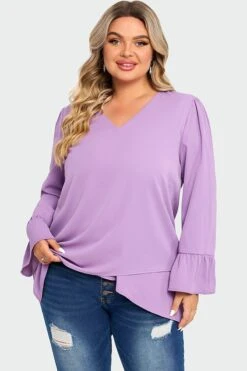 Purple Asymmetrical Ruffles Sleeve Crisscross Hem Blouse -Maraluxe Swimwear Shop c top003001 3