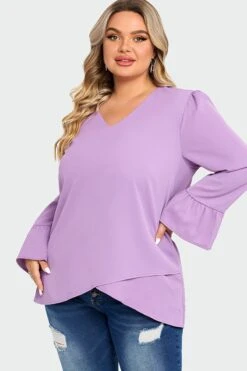 Purple Asymmetrical Ruffles Sleeve Crisscross Hem Blouse -Maraluxe Swimwear Shop c top003001 4