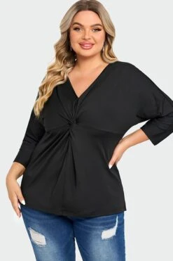 Black V Neck Modal Twist Front Women T-Shirt