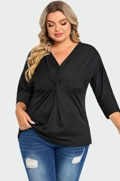 Black V Neck Modal Twist Front Women T-Shirt -Maraluxe Swimwear Shop c top005001 4