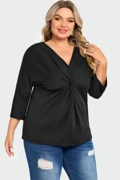 Black V Neck Modal Twist Front Women T-Shirt -Maraluxe Swimwear Shop c top005001 5