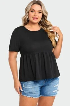 Black Peplum Short Sleeve Round Neck Top