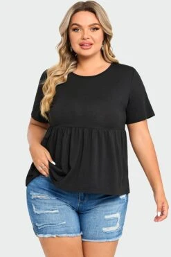 Black Peplum Short Sleeve Round Neck Top -Maraluxe Swimwear Shop c top006001 3